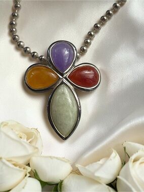 Ross-Simons Multicolor Jade Cross Pendant Sterling Silver Necklace